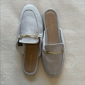 Nautica Striped Slip-On Mules in beige and White with Gold Accent
